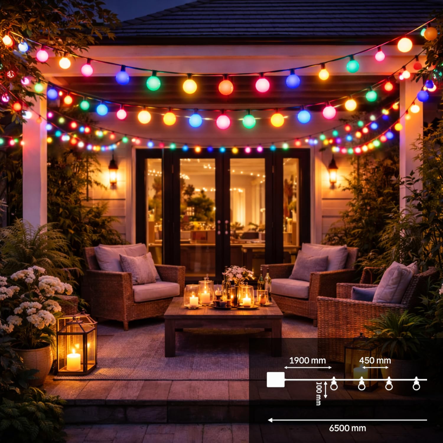 M mimotec - 6.5M LED Solar Lichterkette Außen RGB Dimmbar 10 Birnen IP54 Wasserdicht Dekoration für Garten Terrasse Fassade Terrasse