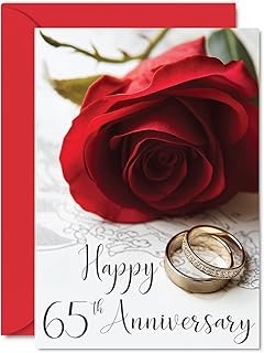65th Anniversary Card for Women Men - Gold Rings Red Rose - Happy Wedding Anniversary Cards for Mum Dad Grandad Grandma Auntie Uncle, A5 Greeting Cards