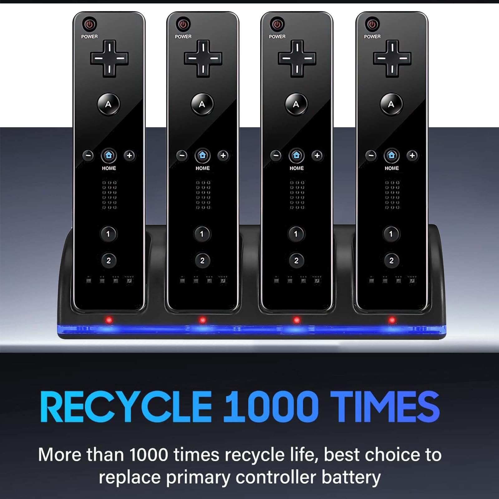Stazione di Ricarica per Controller Wii, con 4 Batterie Ricaricabili da 2800 mAh e Indicatori a LED, Caricatore Wiimote per Wii Supporto di Ricarica per Telecomando Wii, Nero