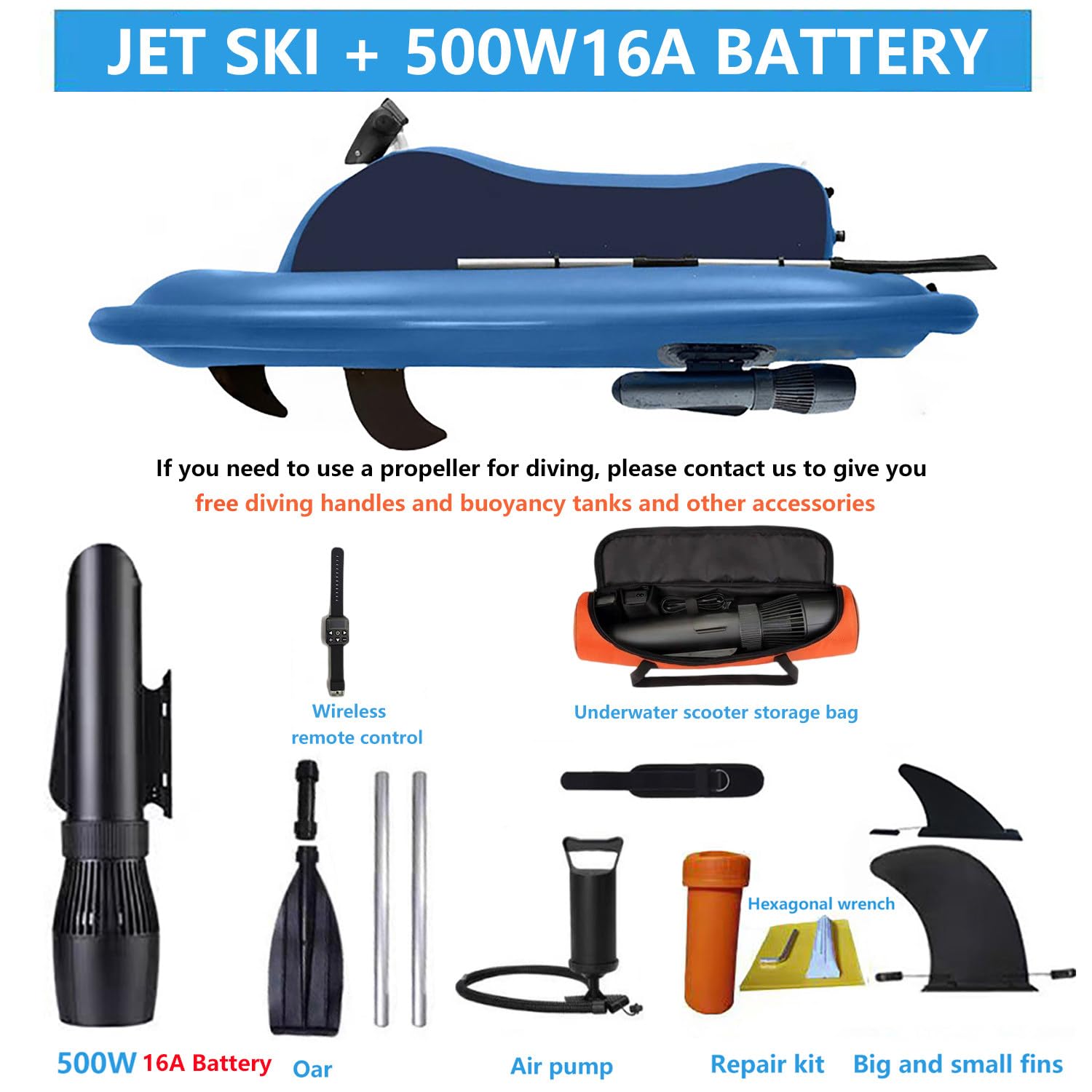 Moto acuática inflable de verano con scooter submarino (motor de 700 W, batería extraíble), bote inflable eléctrica de 150 kg para adultos, con bolsa de almacenamiento para propulsor,500W16A