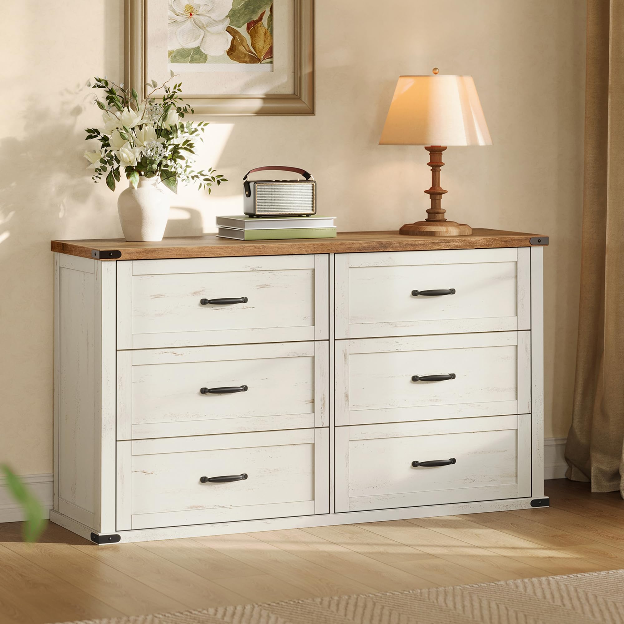 VASAGLE LIRY Collection - 6-Drawer Dresser for Bedroom, 54-Inch Wide Modern Farmhouse Chest of Drawers with Metal Handles, TV Stand, for Living Room, Entryway, Anti-Tipping, Rustic White ULTS661WJ01S