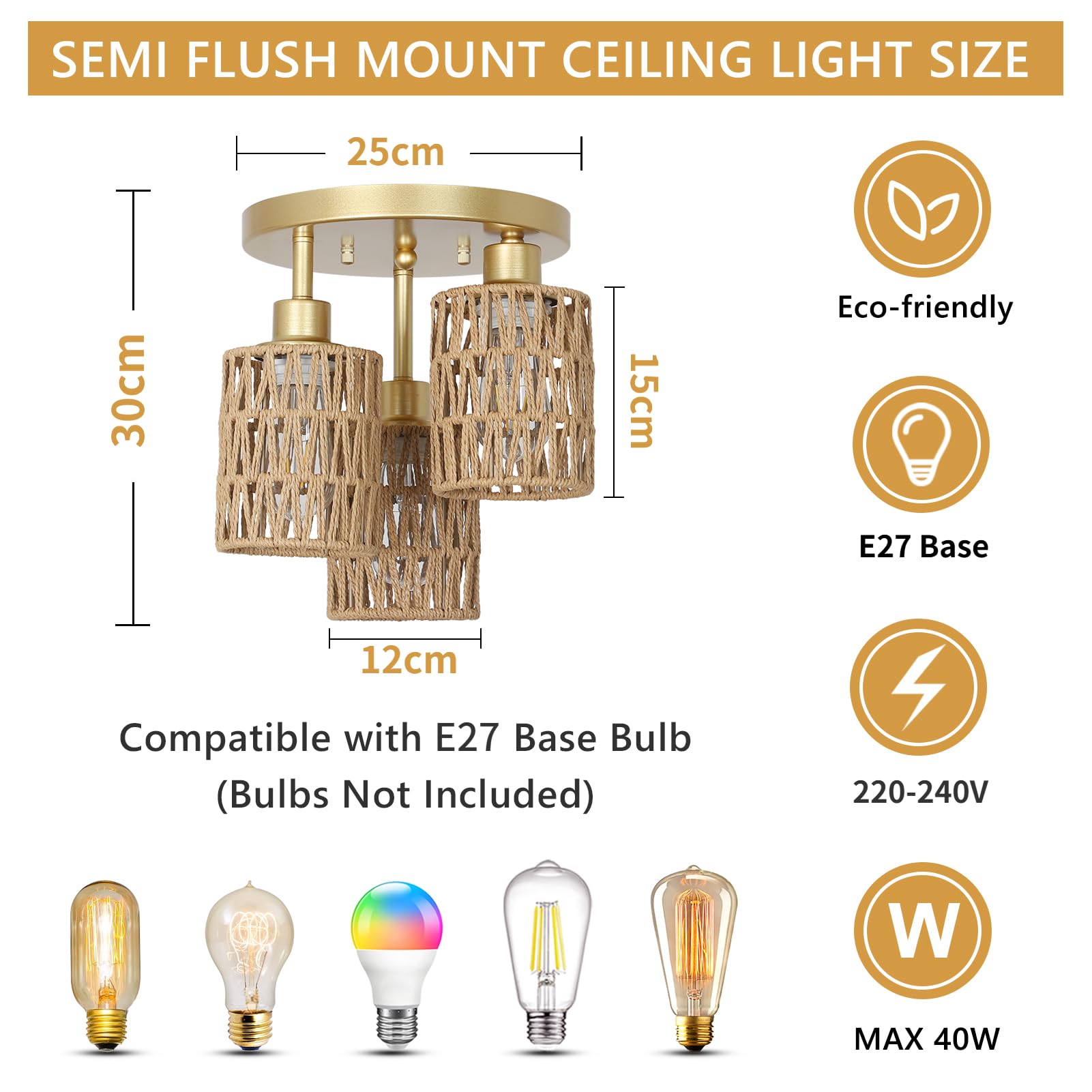 Rayofly Rattan Deckenlampe Hängend, 3-flammige Boho Deckenleuchte mit Rattan Lampenschirm, Vintage Deckenlampe Bambus, Modern Deckenleuchte Wohnzimmer, Gold Korb Lampe für Schlafzimmer, Küche, Flur