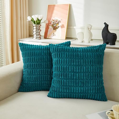 Miniatura 35 de Sunday Praise Paquete de 2 fundas de almohada decorativas de pana de 18 x 18 pulgadas, fundas de almohada cuadradas de rayas bohemias suaves