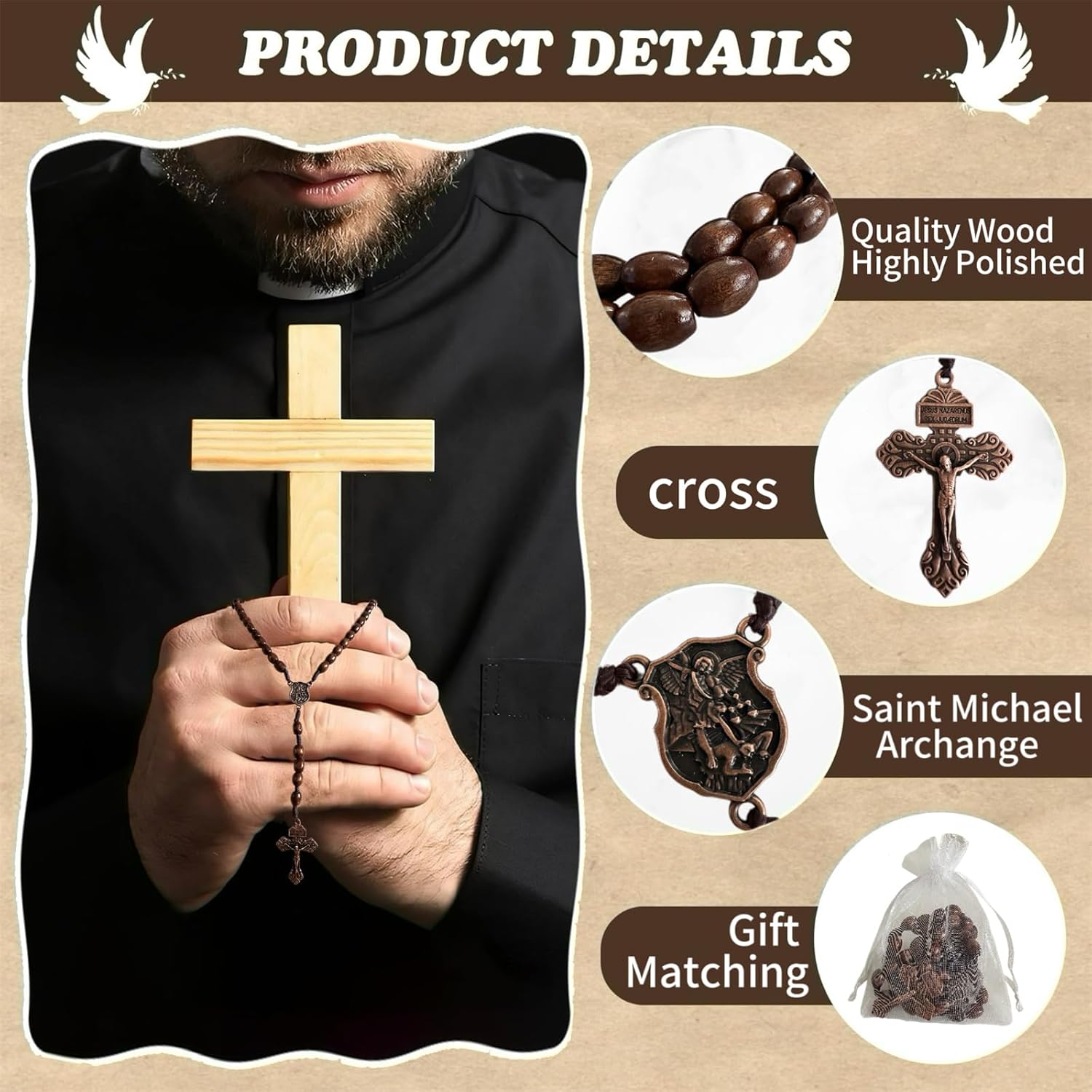 BONITTER Saint Michael Archange Necklace, 3PCS/10PCS/25PCS Pocket Wooden Cross Bulk with Organza Bags, Handmade Rosary Beads, Catholic Christian Prayer Gift - Image 7