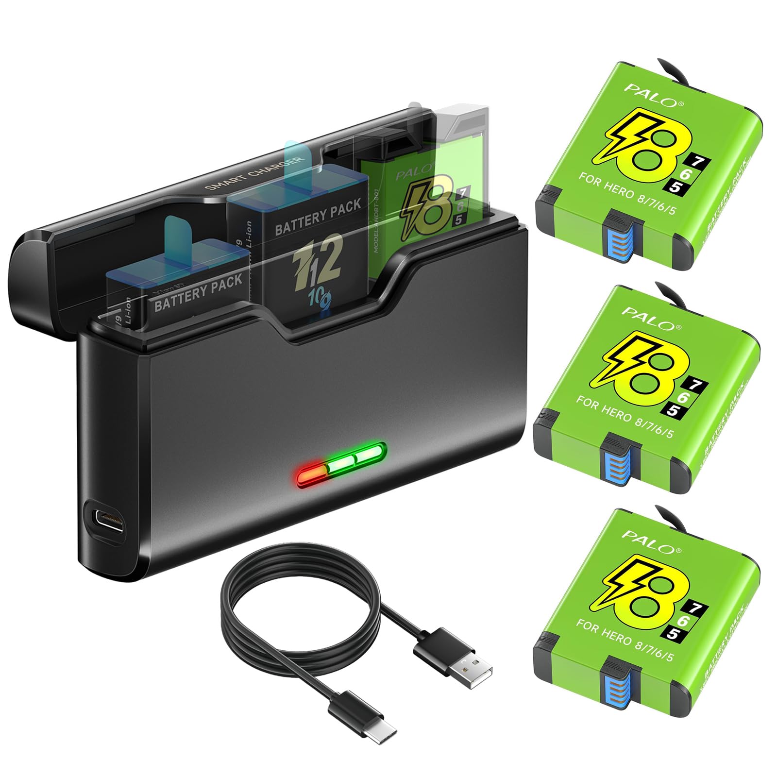 Lot de 3 batteries pour Go-pro Hero 8/7/6/5 et chargeur pour Go Hero 12/11/10/9/8/7/6/5 - Chargeur de batterie avec accessoires de batterie, charge rapide, basse température