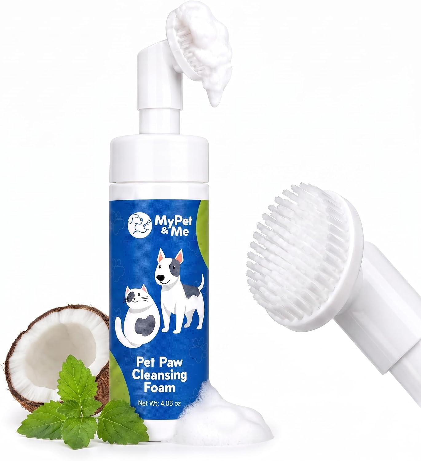 My Pet & Me Dog Paw Cleaner – No-Rinse Foam, Silicone Brush, Dogs & Cats | No-rinse paw washer with built-in scrubber: pump, scrub between the toes, wipe clean. Coconut oil, alcohol-free, 4.05 oz.