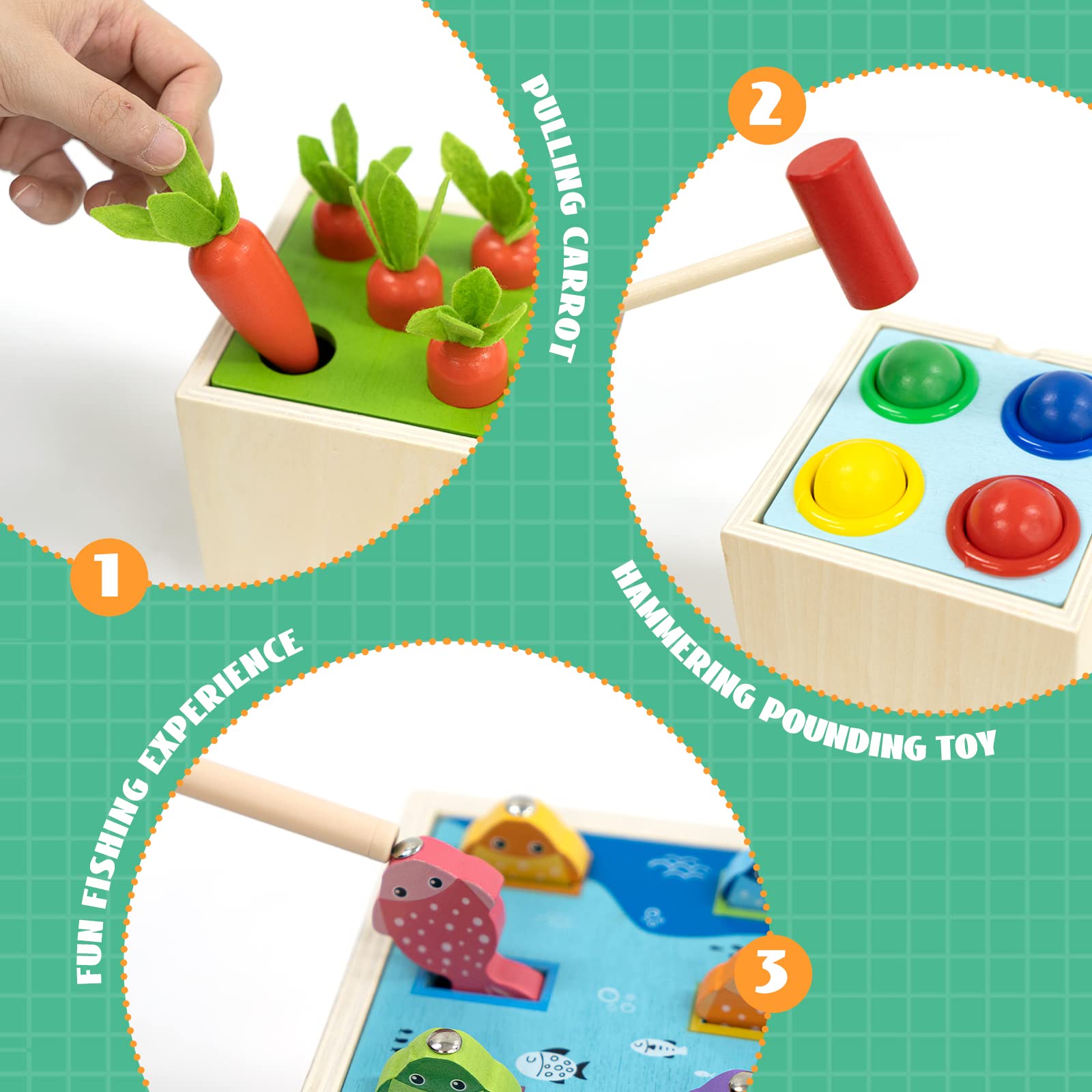 Zabawki Montessori 5 w 1 dla dzieci w wieku 1-2 lat, młotkowe walenie, gra wędkarska, zbieranie marchwi, sortowanie kształtów, gra w łapanie owadów, zabawki sensoryczne dla niemowląt, prezenty dla