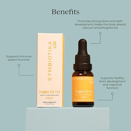Miniatura 2 de CYMBIOTIKA Gotas de vitamina D3 K2 para niños pequeños, suplemento líquido para niños pequeños con aceite orgánico de coco MCT, para apoyo