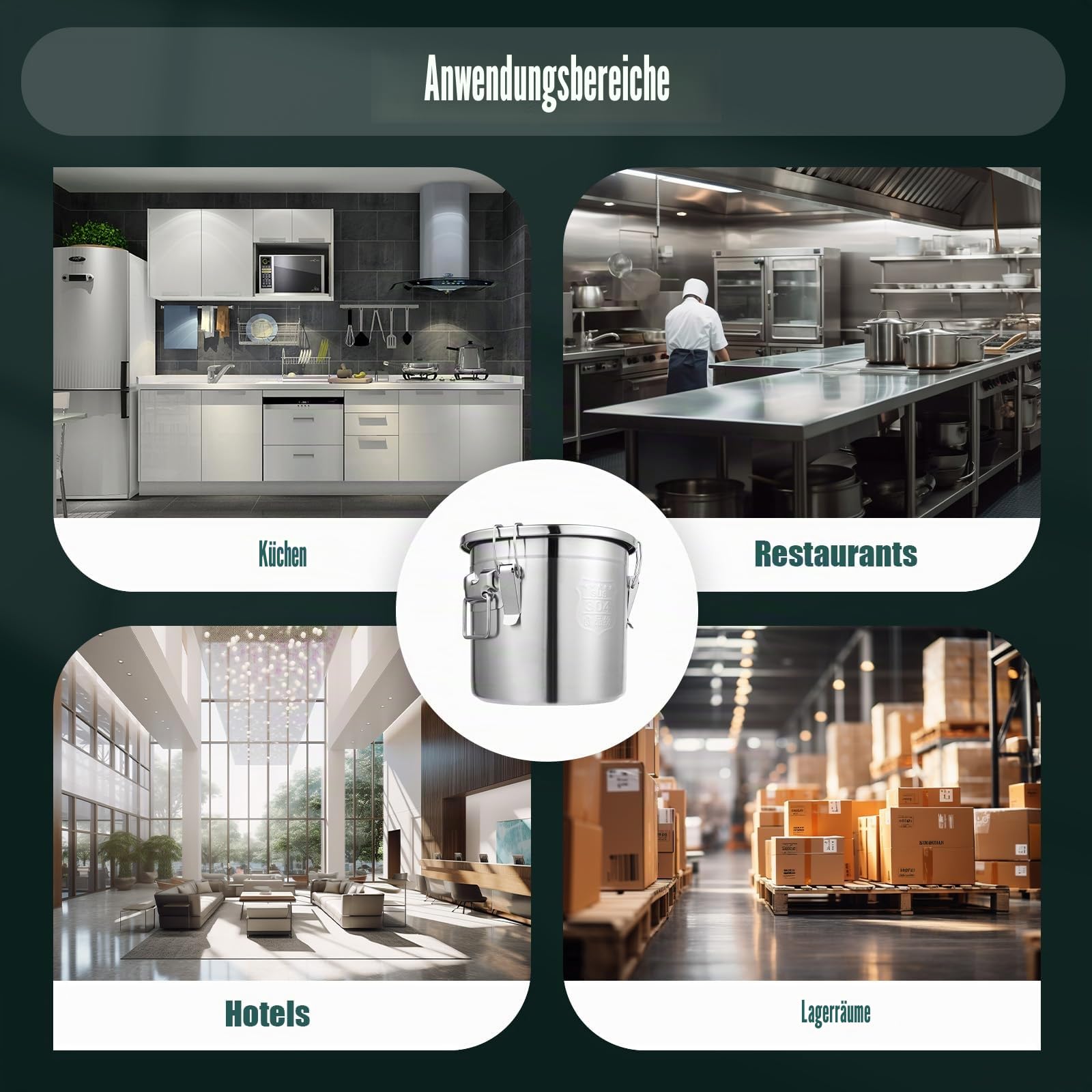 304 Edelstahl Luftdichte Vorratsdose mit Deckel, 3/4-Punkt Verschluss für Reis, Mehl, Getreide & Trockenvorräte – Küche & Speisekammer Aufbewahrung (12, Liter)