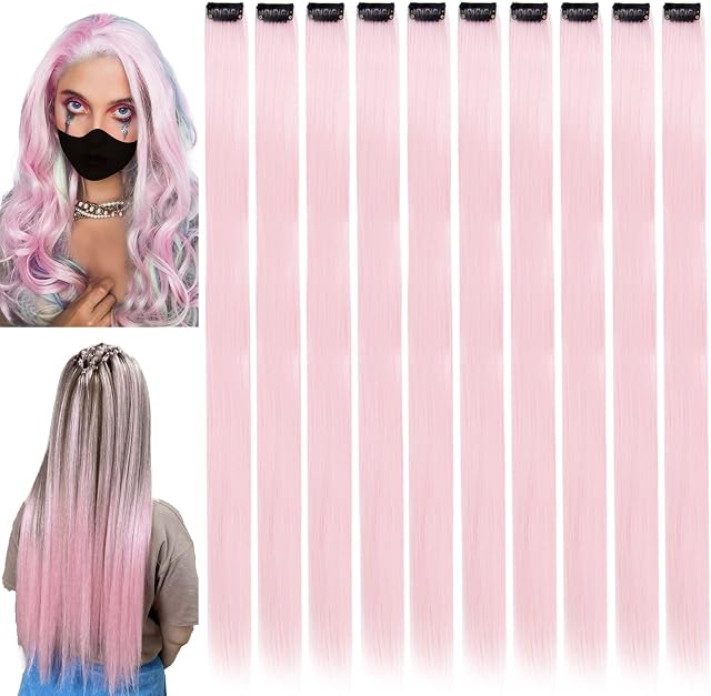 Vlasy 10PCS Colored Clip in Hair Extensions20 Inch Straight Party Highlights Clip on Hair Extension for GirlsSynthetic Clip in Long Hair Accessories for WomenLight Pink)