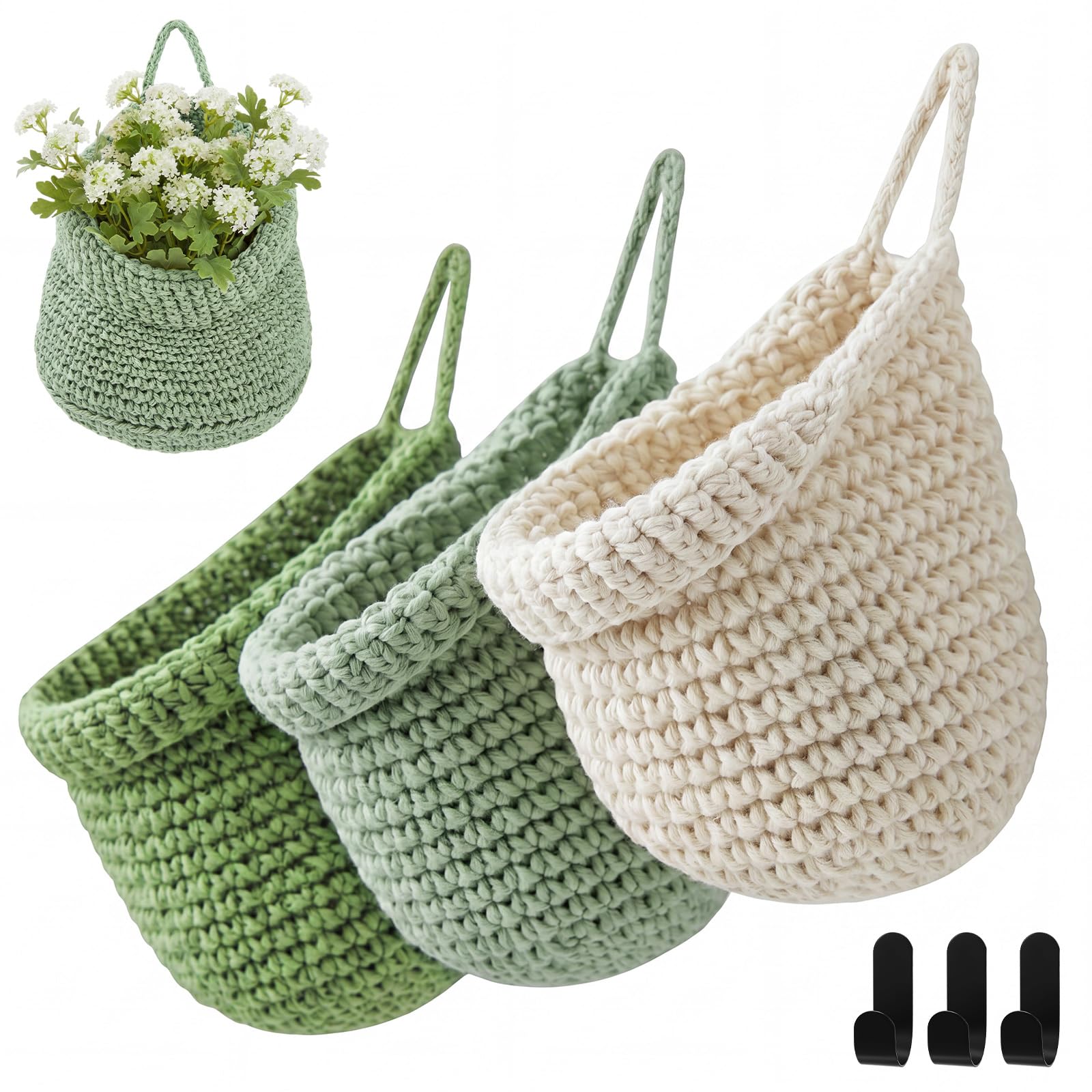 Honeydak 3 Hanging Baskets, Sage Green Mix, Wide Bucket Basket