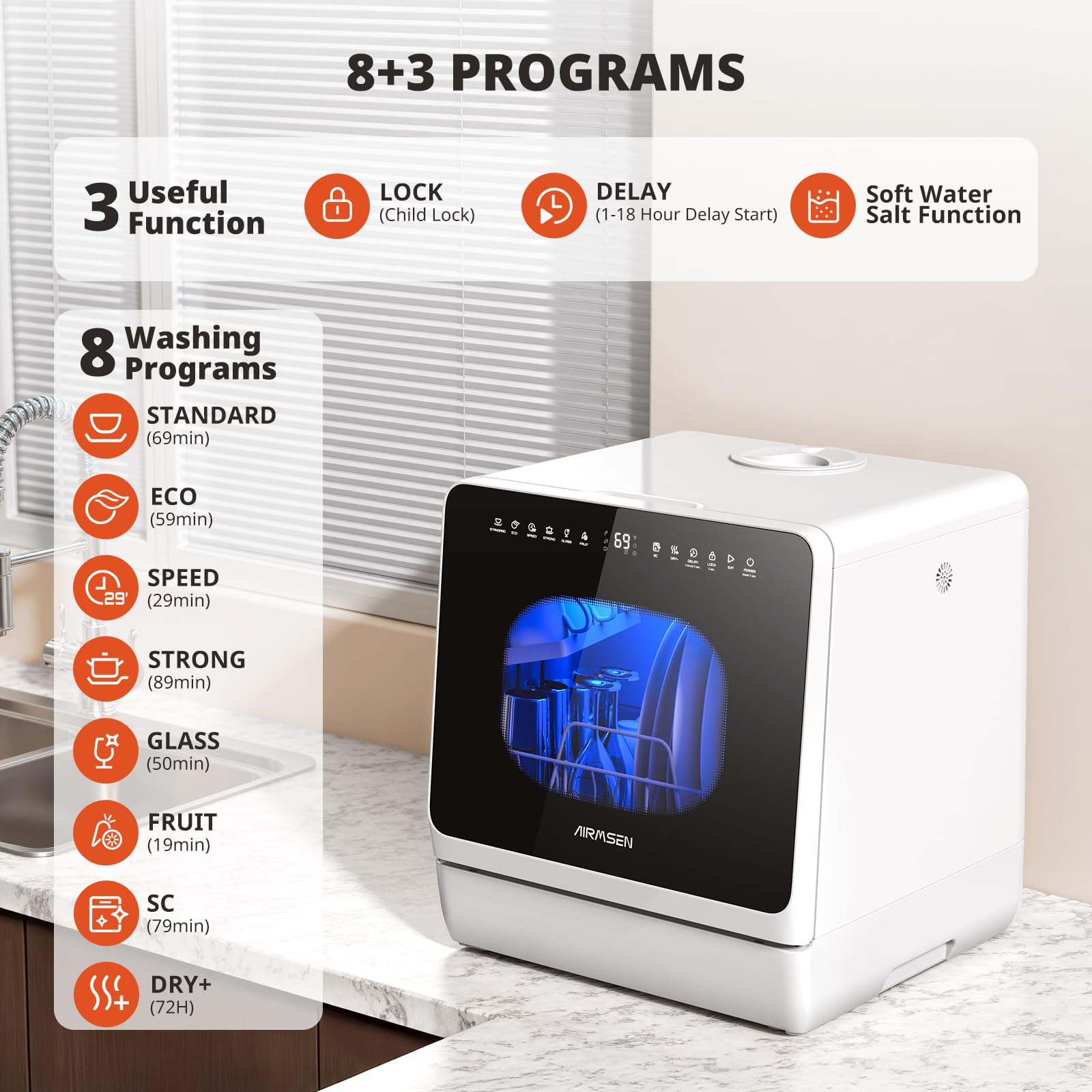 AIRMSEN 2025 NEW Upgraded Table Top Dishwasher, Countertop Dishwasher No Plumbing with Water Softener, 8+3 Wash Programs, 5L Tank, 1–18H Delay Start, Child Lock, 360° Dual Spray Arms — view 2