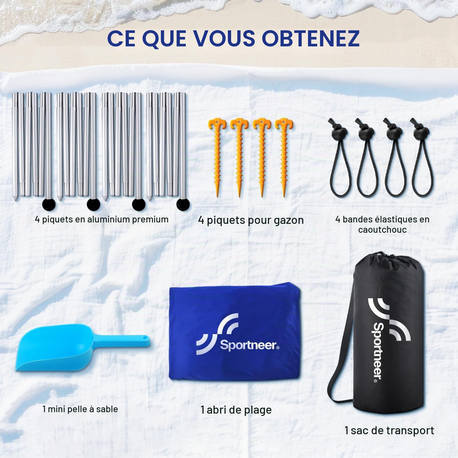 Sportneer Tente de plage, 3 x 3 m, abri solaire UPF50+ avec sacs de sable, pelles à sable, piquets de sol et poteaux de stabilité, auvent de plage d'extérieur pour plage, camping, pêche