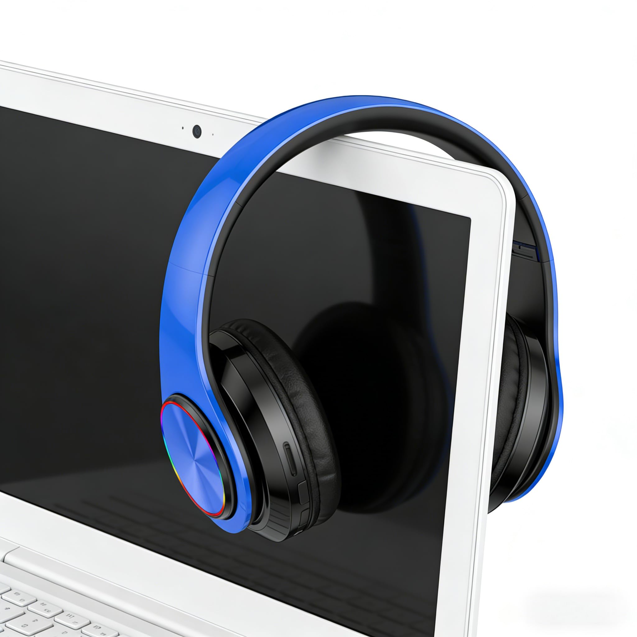 Cuffie wireless Bluetooth con luci colorate, grande capacità della batteria, pieghevoli, Bluetooth 5.0, portata 10 m, stereo surround, microfono integrato, comode orecchie fissate (blu)
