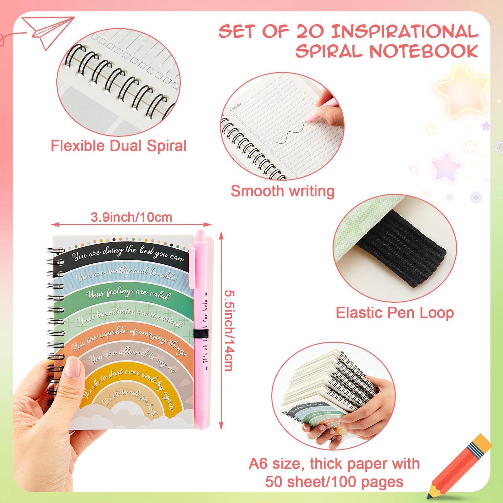 Honoson Lot de 20 carnets à spirale inspirants avec stylo de motivation pour étudiants, enseignants, cadeau de remerciement, collègues, bénévoles, infirmières