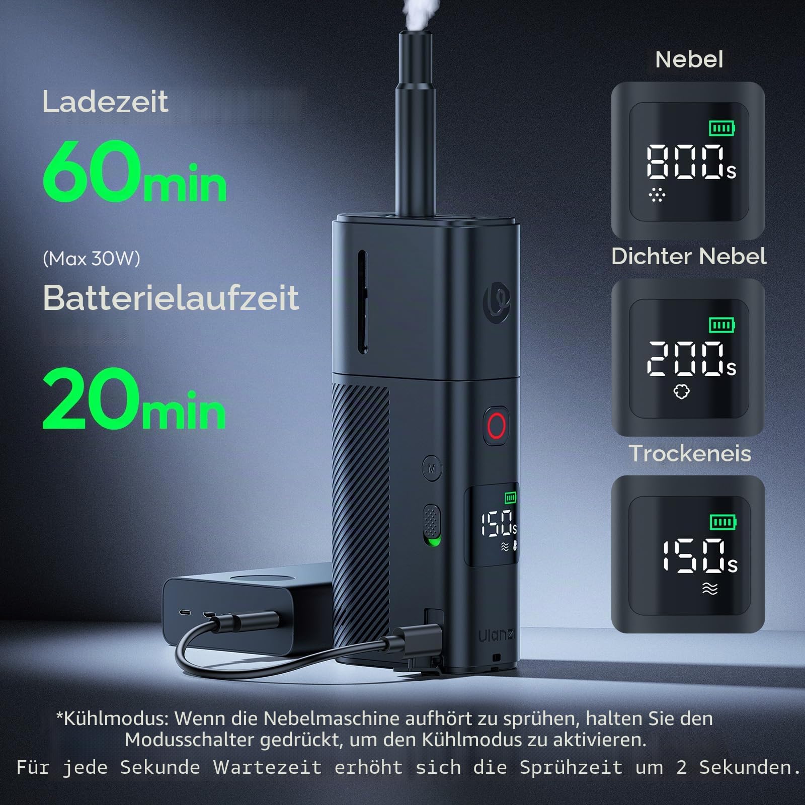 Ulanzi FM02 FILMOG X Kleine Nebelmaschine, Tragbare 30W Nebelmaschine mit 5000mAh Akku & 3 Modi inkl. Trockeneis-Effekt für Foto- & Videoaufnahmen, Kompakter Rauchgenerator mit Display
