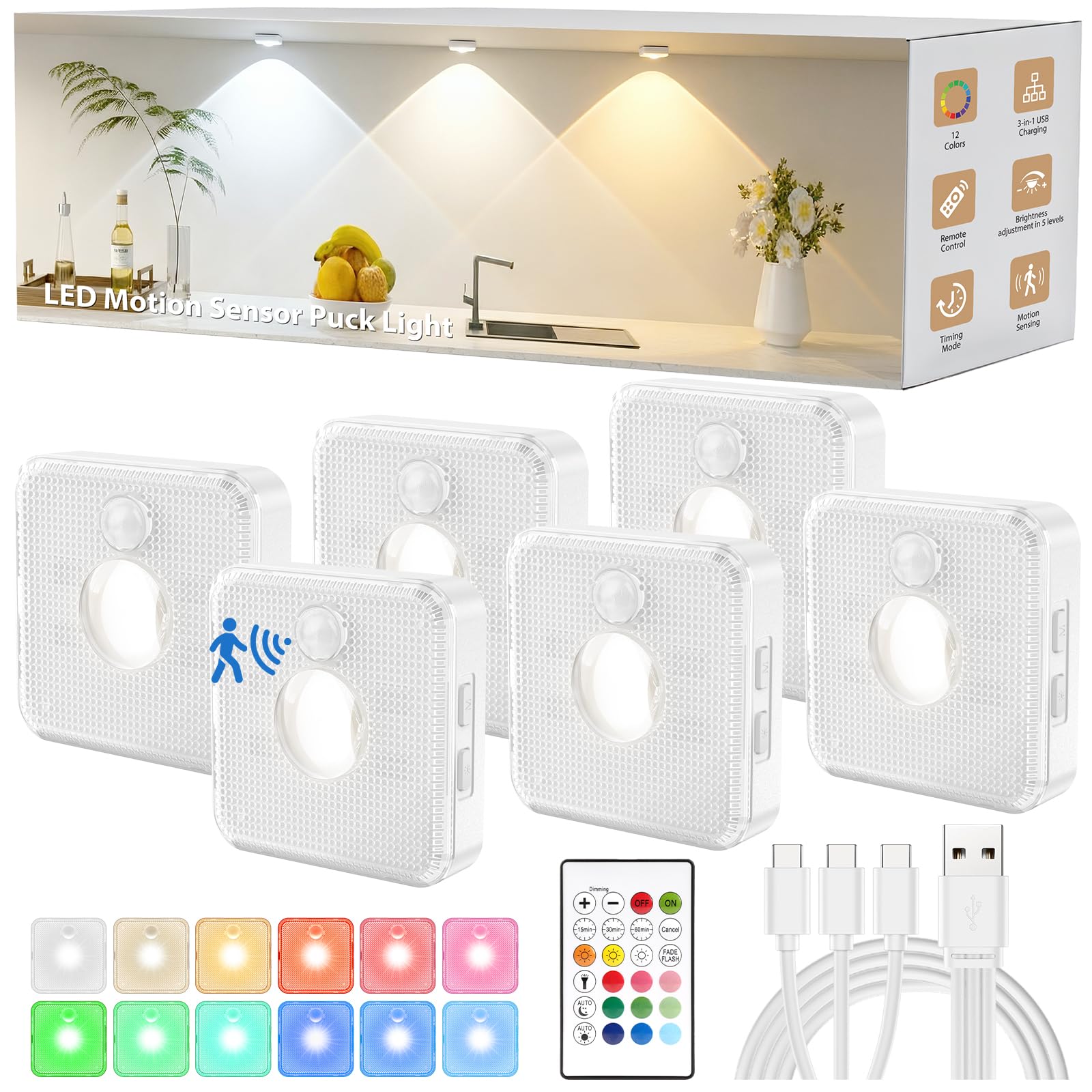 GBEAST 6 Stück Schrankbeleuchtung mit Fernbedienung, Vitrinenbeleuchtung Led, Schrankbeleuchtung Unterbauleuchte, 12 Modi, 1000mAh Akku, USB Aufladbar, Magnet Unterbauleuchte Küche Schrankbeleuchtung