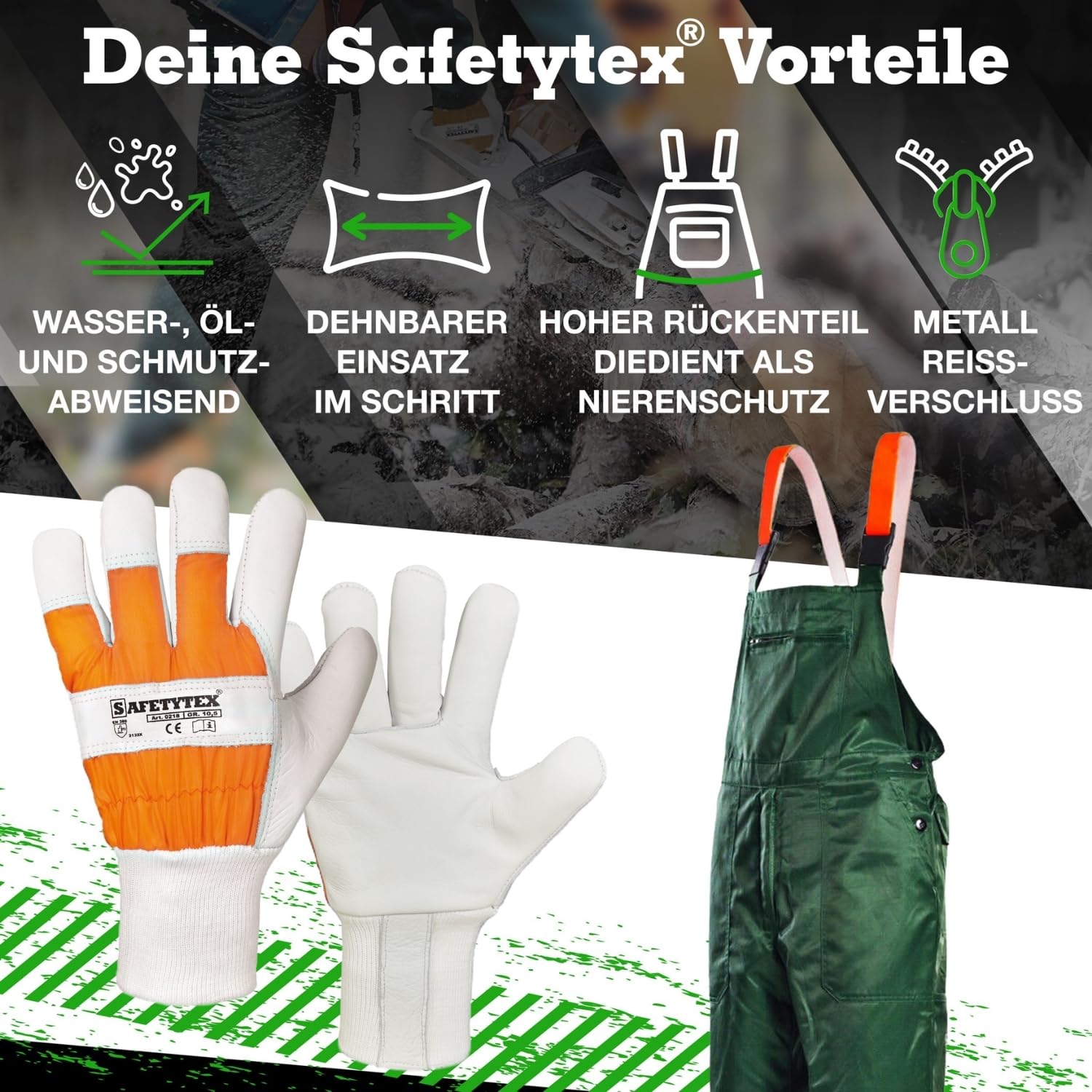 Safetytex Forstschutz Set Schnittschutzhose und Forsthandschuhe | 2-teiliges Set, KWF geprüft, Schutz bei Forstarbeiten, Gartenarbeiten, robuste Verarbeitung, komfortabel, langlebig