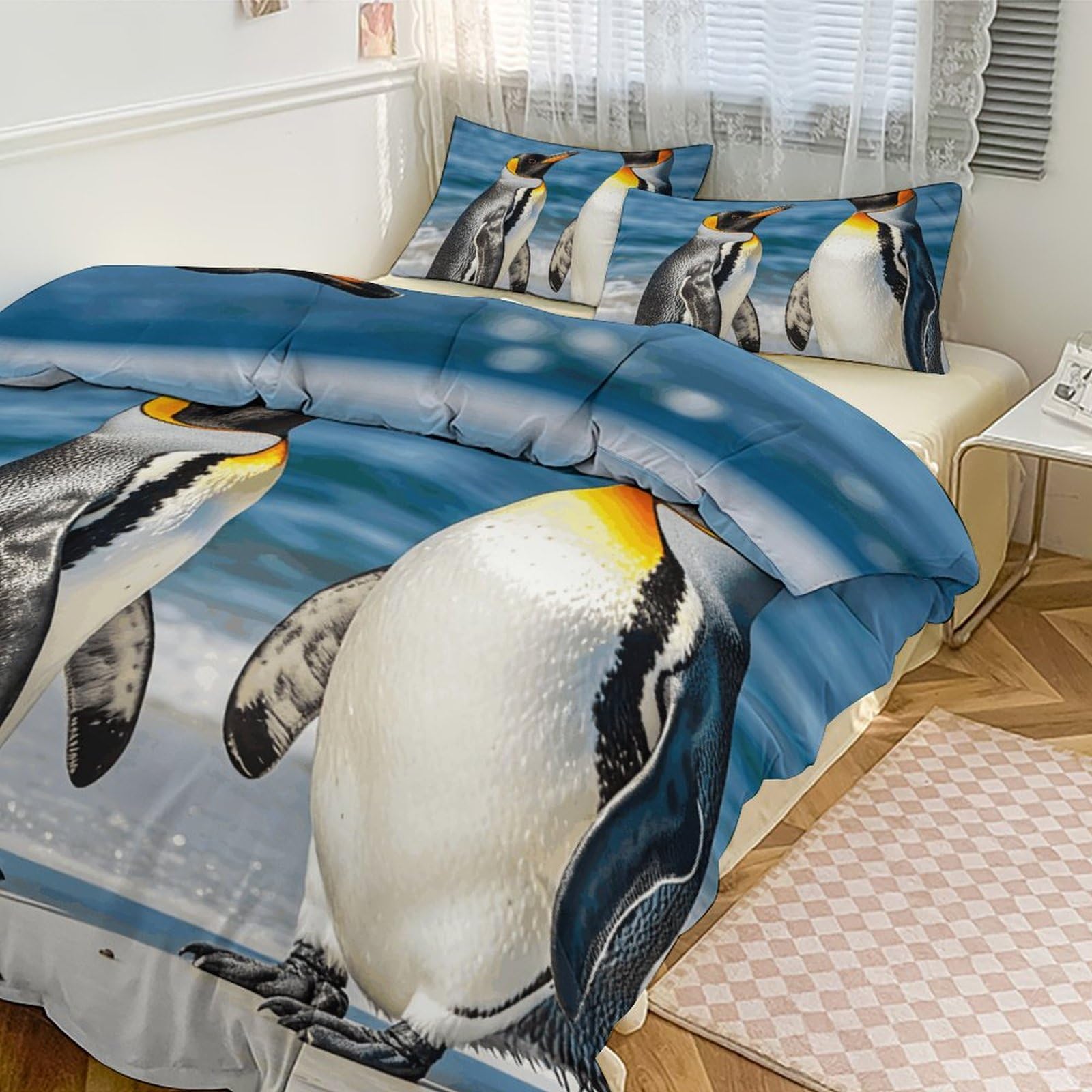 Couvre-lit et taie d'oreiller motif pingouin, parure de lit 3 pièces épaisse mer pour grand lit
