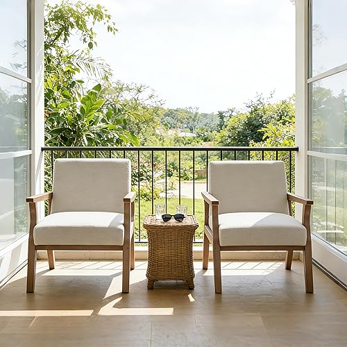 Miniatura 4 de Silla decorativa moderna de mediados de siglo, sillón tapizado de lino para sala de estar con marco de madera, silla de granja, silla de esquina