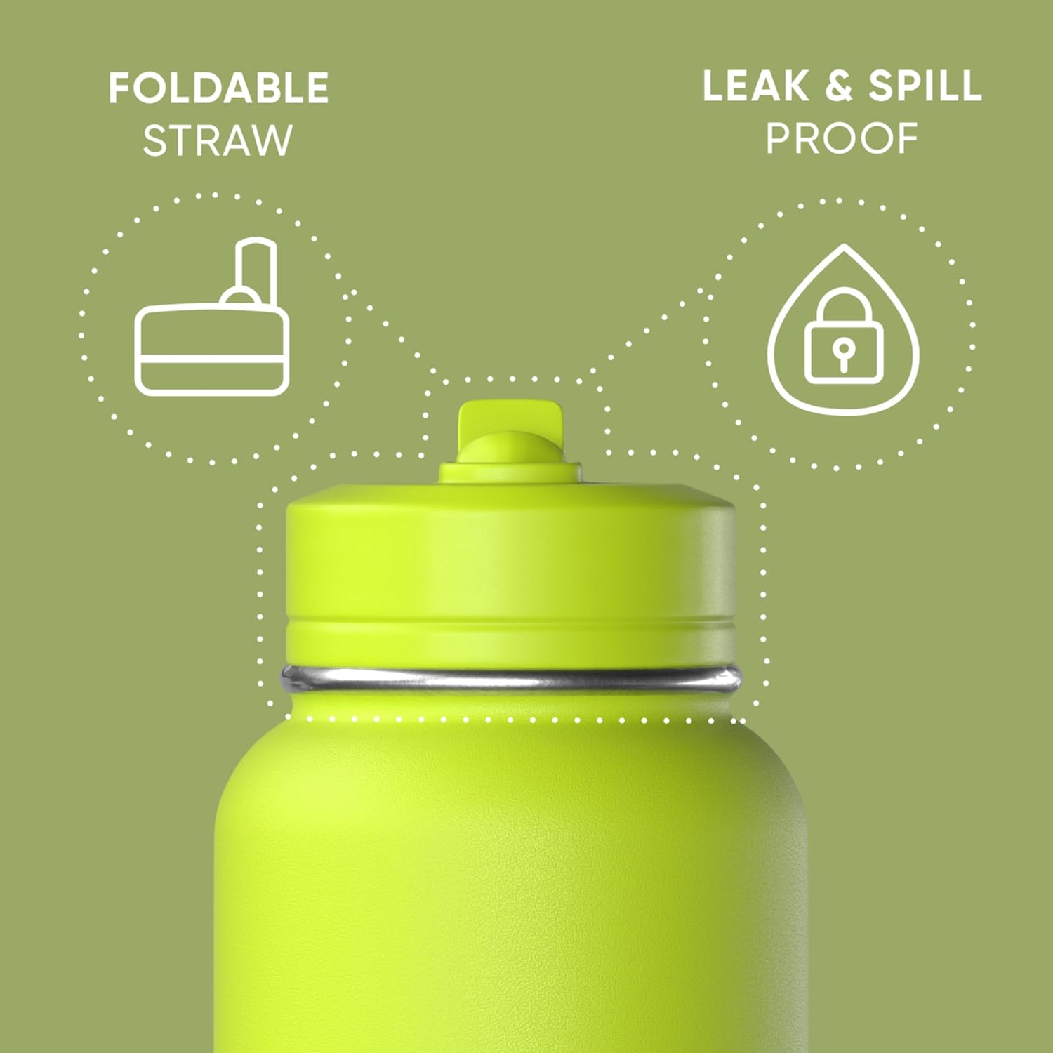 Hydrapeak 32oz Sport Insulated Water Bottle with Straw Lid, Leak & Spill Proof, Keeps Drinks Cold for 24 Hours, Hot for 12 Hours, Premium Stainless Steel Water Bottles (32oz, Neon Green) - Image 2
