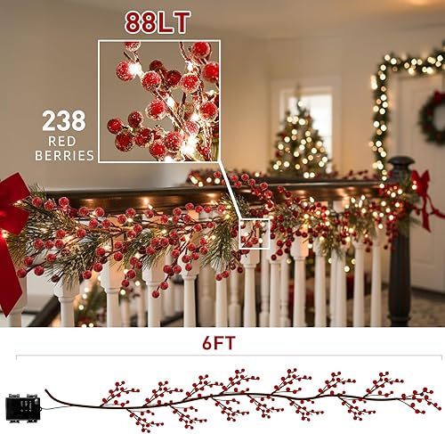 Miniatura 7 de Vanthylit 6FT Red Berry Garland Lights, Battery Operated Christmas Garland with Timer, Lighted Berries Garland Decorations for Holiday Fireplace