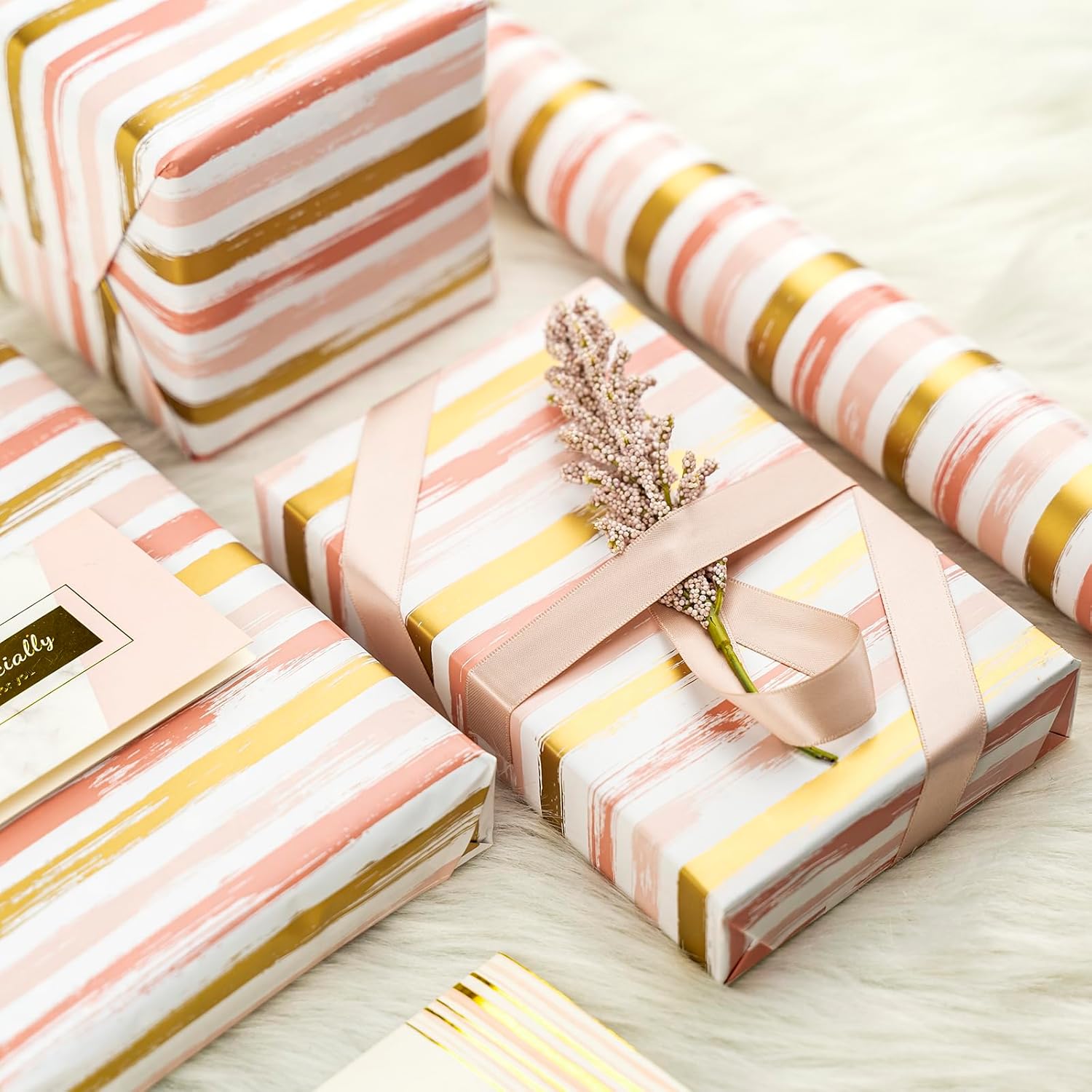 WRAPAHOLIC 30 Inch Jumbo Reversible Pink Wrapping Paper - 30 Inch x 33 Feet - Pink Gold Lines and Solid Pink Design for Girls Birthday, Baby Shower, Wedding, Bridal Shower