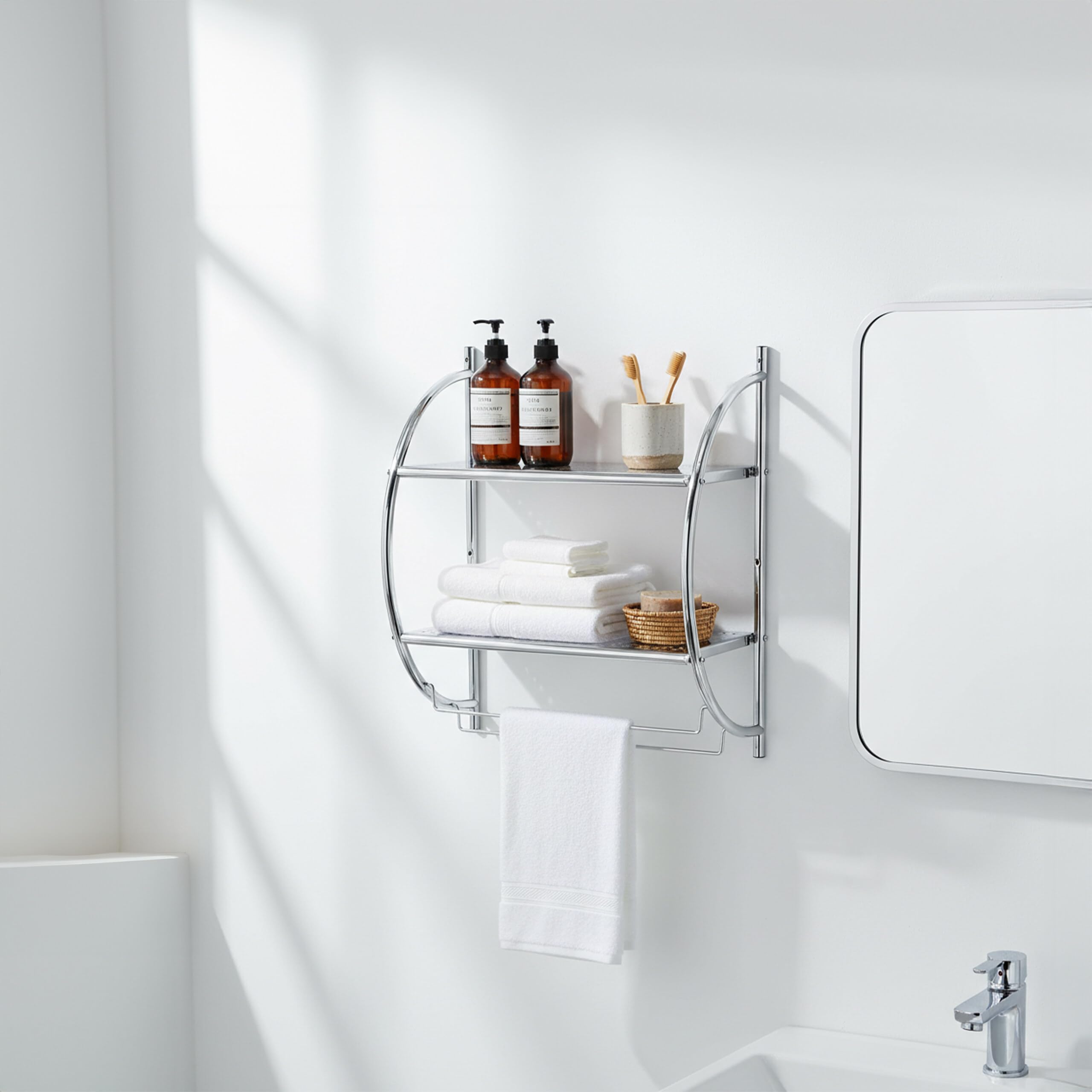 Relaxdays Badregal, Wandregal mit 2 Ablagen, 2 Handtuchstangen, HBT 54,5 x 44,5 x 25,5 cm, Badezimmer, Edelstahl, Silber