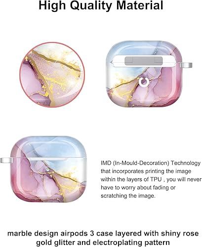 Miniatura 9 de JIAXIUFEN Funda diseñada para AirPods 3, funda de mármol con purpurina brillante, accesorios de piel de TPU para mujeres y niñas con llavero