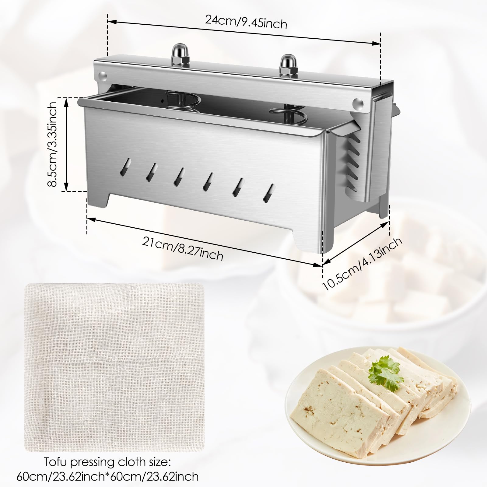 Prasa do tofu ze stali nierdzewnej, 21 x 10,5 x 8,5 cm, z regulowanym naciskiem i ściereczką 60 x 60 cm, duża siła dźwigni dzięki sprężynie dynamometrycznej, rowki odpływowe, nadaje się również