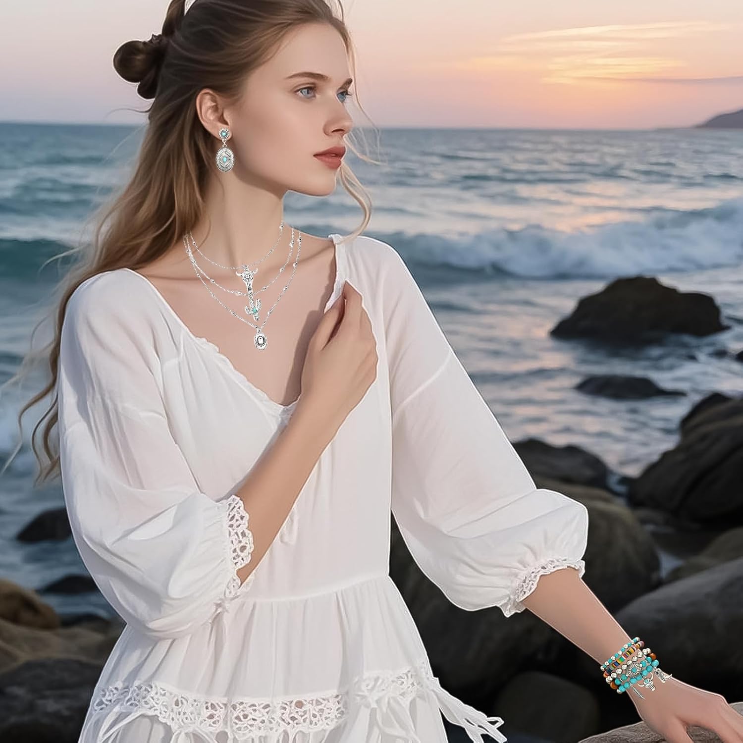 3PCS Western Jewelry for Women Bohemian Set,Boho Vintage Layered Necklace Dangle Drop Earrings Faux Leather Bracelet - Image 7