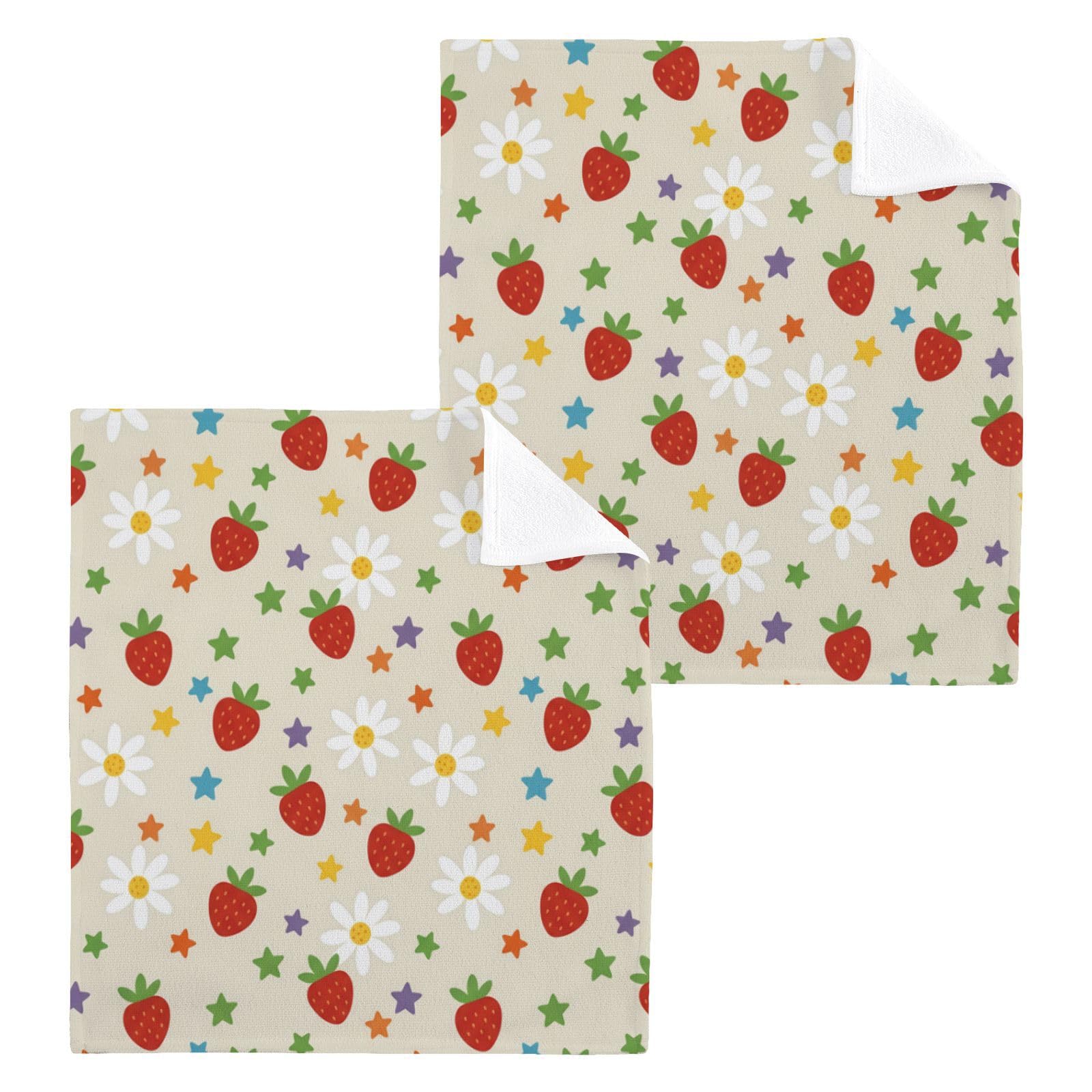 BOESI Strawberry Daisy 12x12in Cotton Washcloth,Soft Absorbent Face Towel