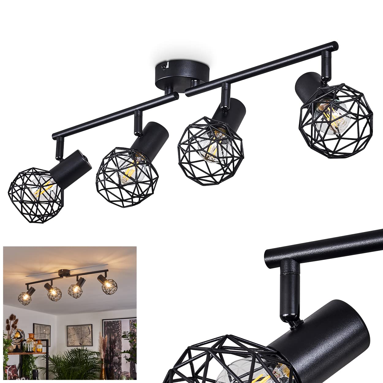 hofstein Lámpara de techo Palmira, lámpara de techo de metal en negro, 4 luces, con focos y brazos regulables, 4 x E14, diseño retro/vintage, sin bombilla(s)