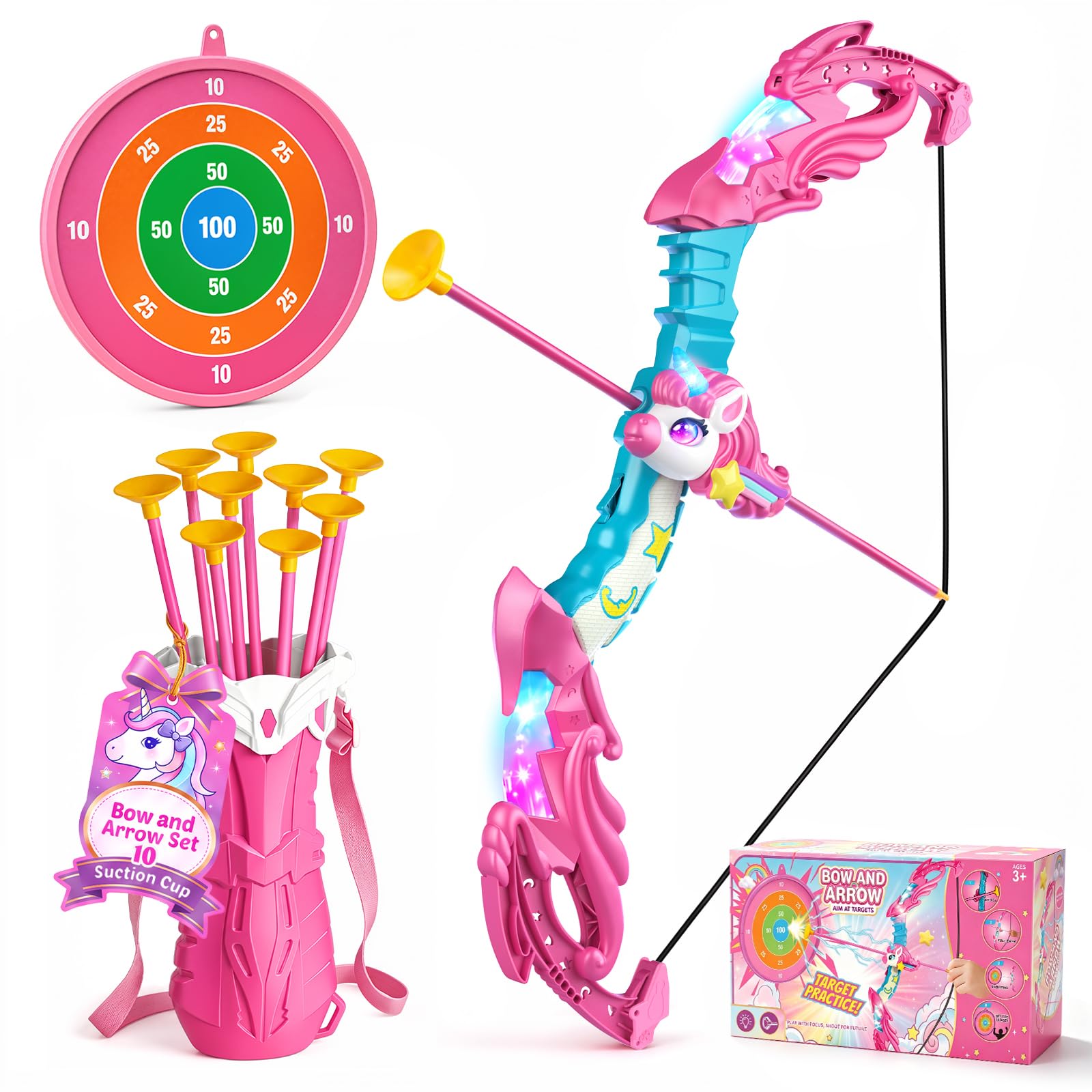 beefunni Unicorn Bow and Arrow Set for Kids Ages 3-12 | 10 Suction Cup Arrows,LED Light U…