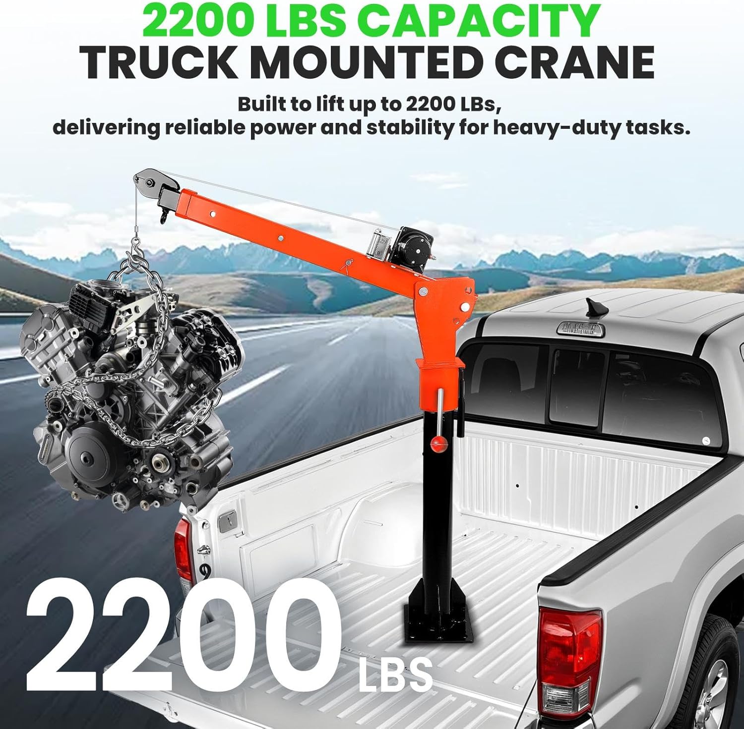 2200LBS Folding Truck Crane with 5000LBS Electric Winch, 360° Swivel Lift, Adjustable Boom, High Stability Truck Bed Crane for Construction and Workshop