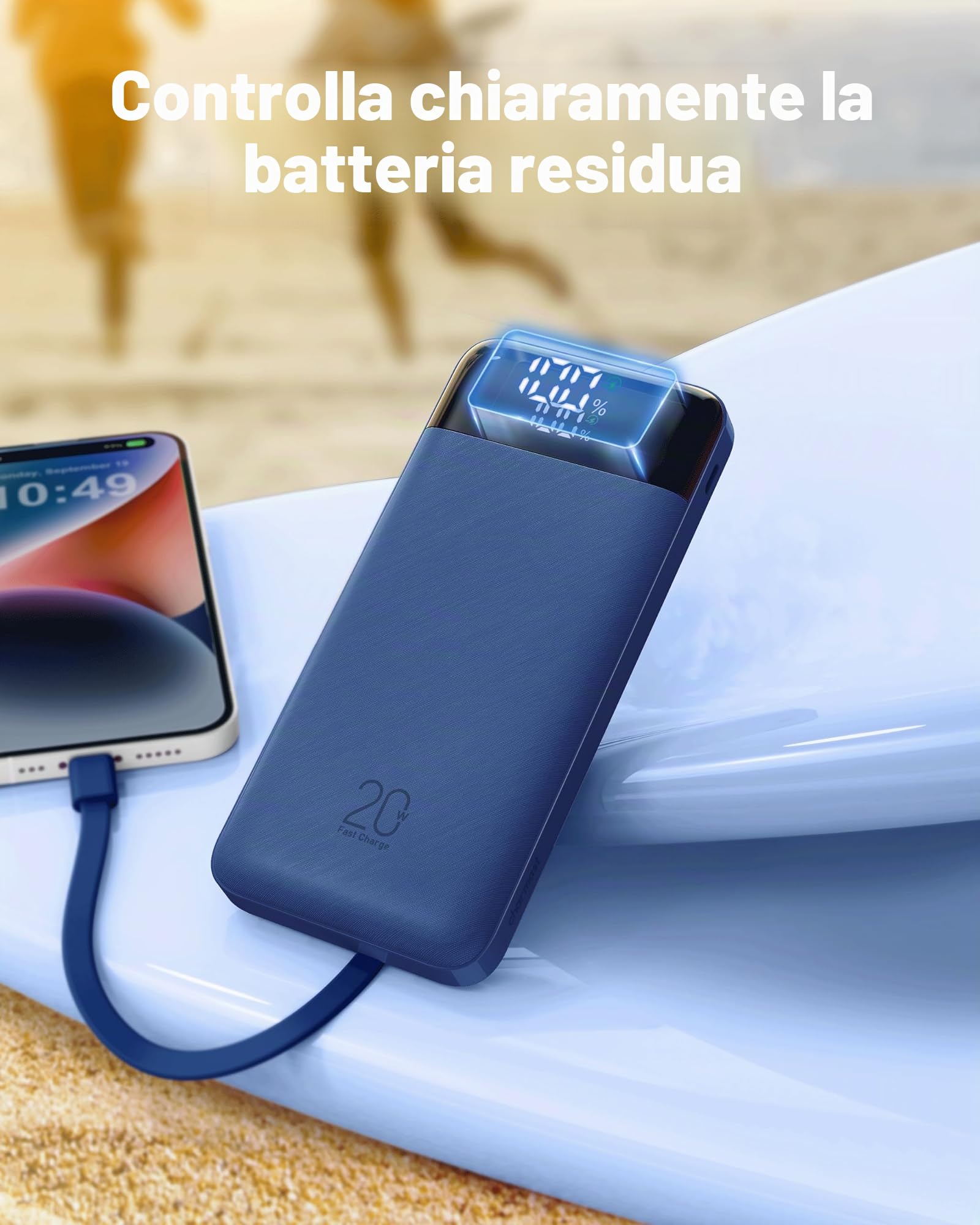 Charmast Power Bank da 20000 mAh con 4 cavi integrati, caricabatterie portatile veloce da 22,5 W per iPhone, Android, iPad, non sono necessari cavi aggiuntivi per viaggi, lavoro, emergenza (blu)