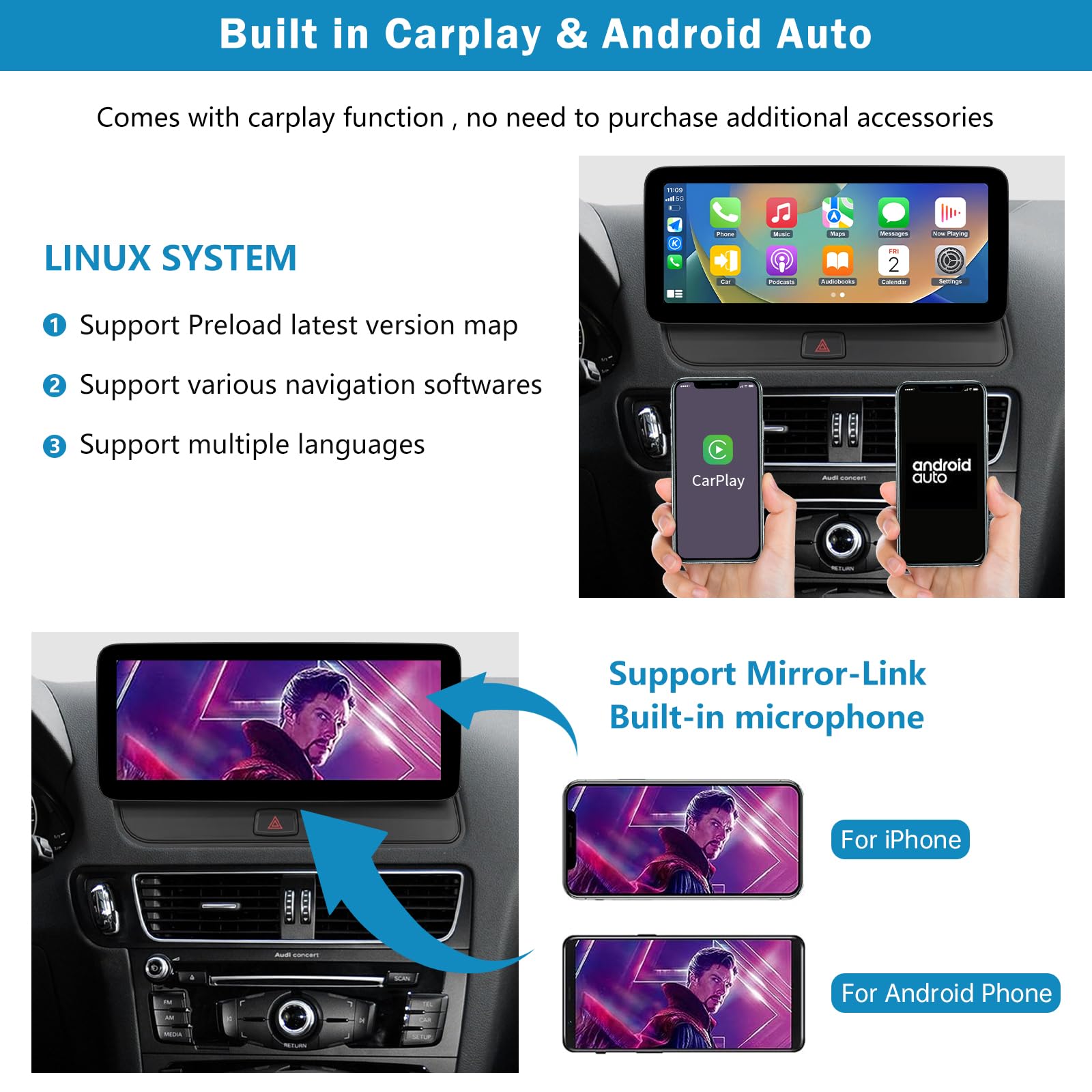 Car Radio 12,3 pollici touchscreen con Wireless Carplay e Android Auto per Audi Q5 2009-2017 con sistema 2G MMI+, supporta Mirrorlink, telecamera, navigazione