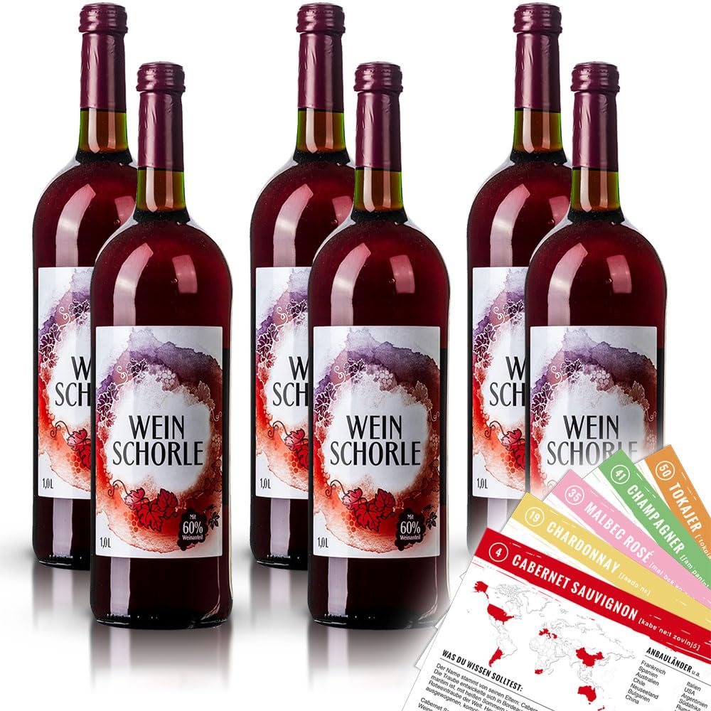 Weinschorle Rot, weinhaltiges Getränk, sortenreines Weinpaket + VINOX Winecards (6x1,0l)
