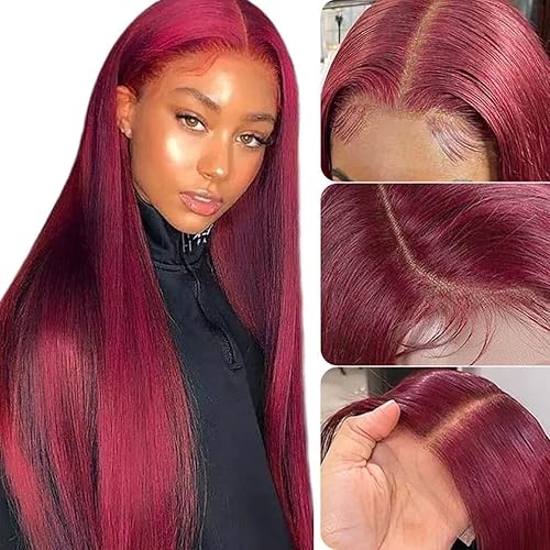Azkiu 32 Inch 99J Burgundy Lace Front Wigs Human Hair 13x4 Straight Lace Frontal Wigs Human Hair Pre Plucked Wine Red Colored Straight Wig Human Hair Red Wig for Women 150% Density