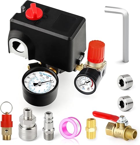 Miniatura 9 de MEANLIN MEASURE Válvula de control del interruptor de presión del compresor de aire 120-150 PSI 110V-240V Piezas de repuesto de 1 vía Con manómetro