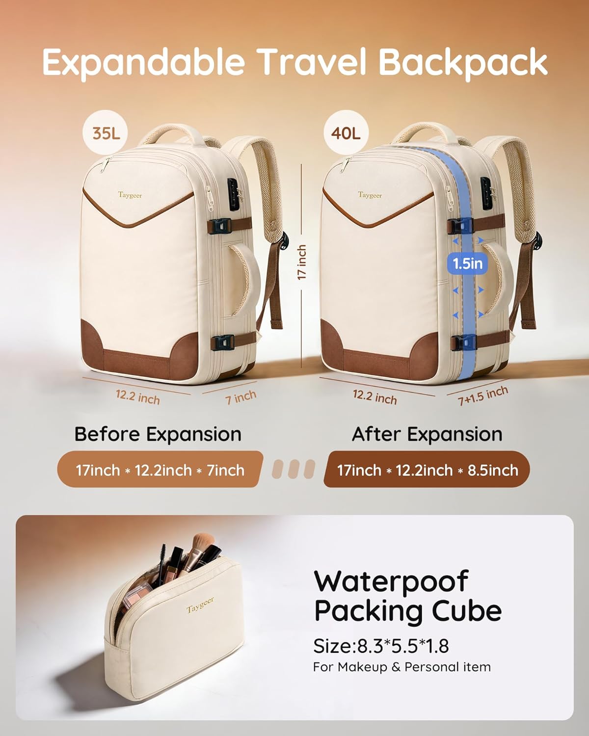 Taygeer 35L Travel Backpack Carry On with Lock, TSA Flight Approved Carry on Backpack with USB Charging Port, Expandable Weekend Trip Backpacks Fits 15.6 Inch Laptop for Women, Beige & Brown - Image 3