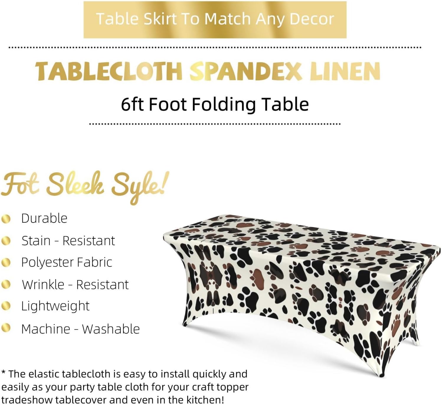 Dog Paw Prints Print 6ft Spandex Table Cloth Stretch Patio Table Cover for Event Wedding Banquet Party, Black