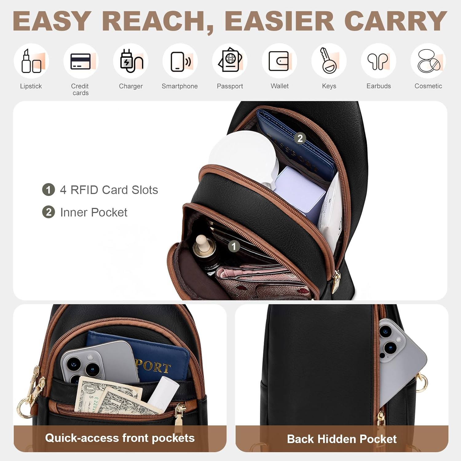 Anti Theft Crossbody Bags for Women, RFID Sling Bag Travel Purse, RFID Cross Body Purses Chest Bag for Travel Black Brown - Image 4