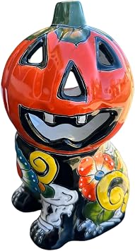 Talavera Dog Jack-O-Lantern Candle Holder Handmade Mexican Pottery Halloween & Day of The Dead Decoration 11x7