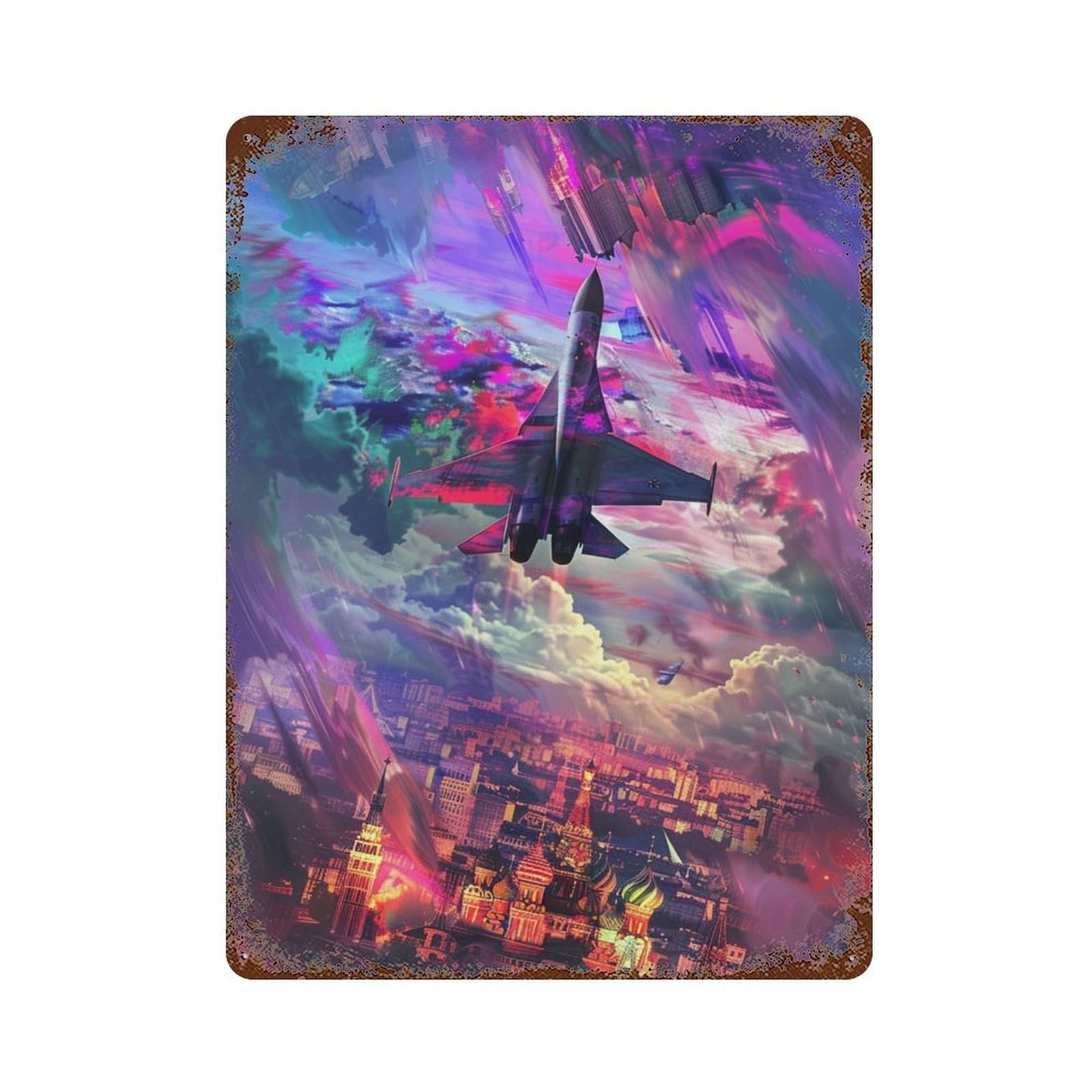 Garage Style Cityscape with Jet Fighter -1 Rustic Tin Plaque 15.7"x11.8", Vintage Wall Decor for Bar And Workshop