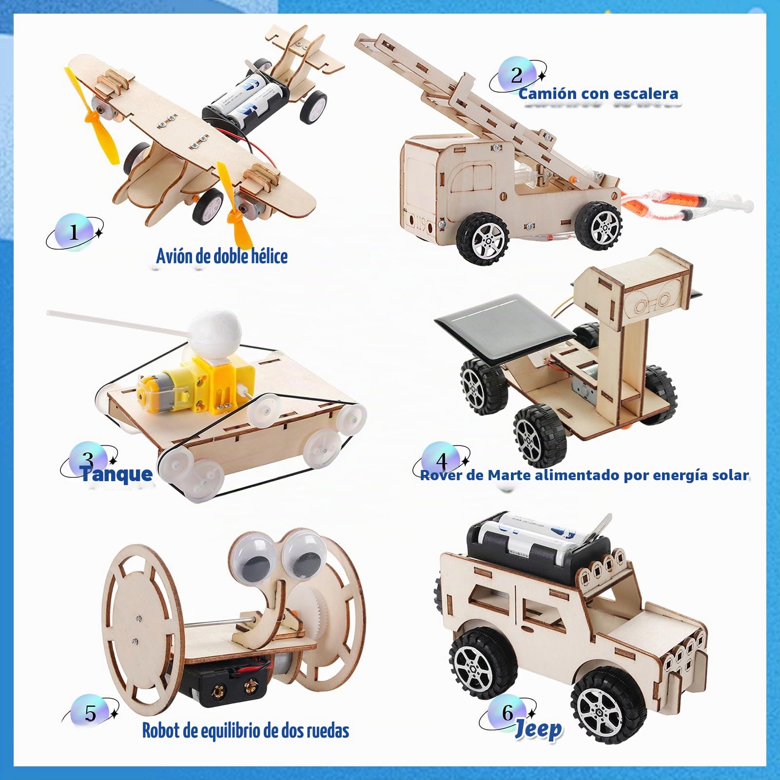 6 piezas de set de experimentos, kit de electrónica, kit de experimentos, kit de electrónica 6-en-1 de madera STEM experimentos ciencia conjunto de madera coches aviones vehículos espaciales regalo