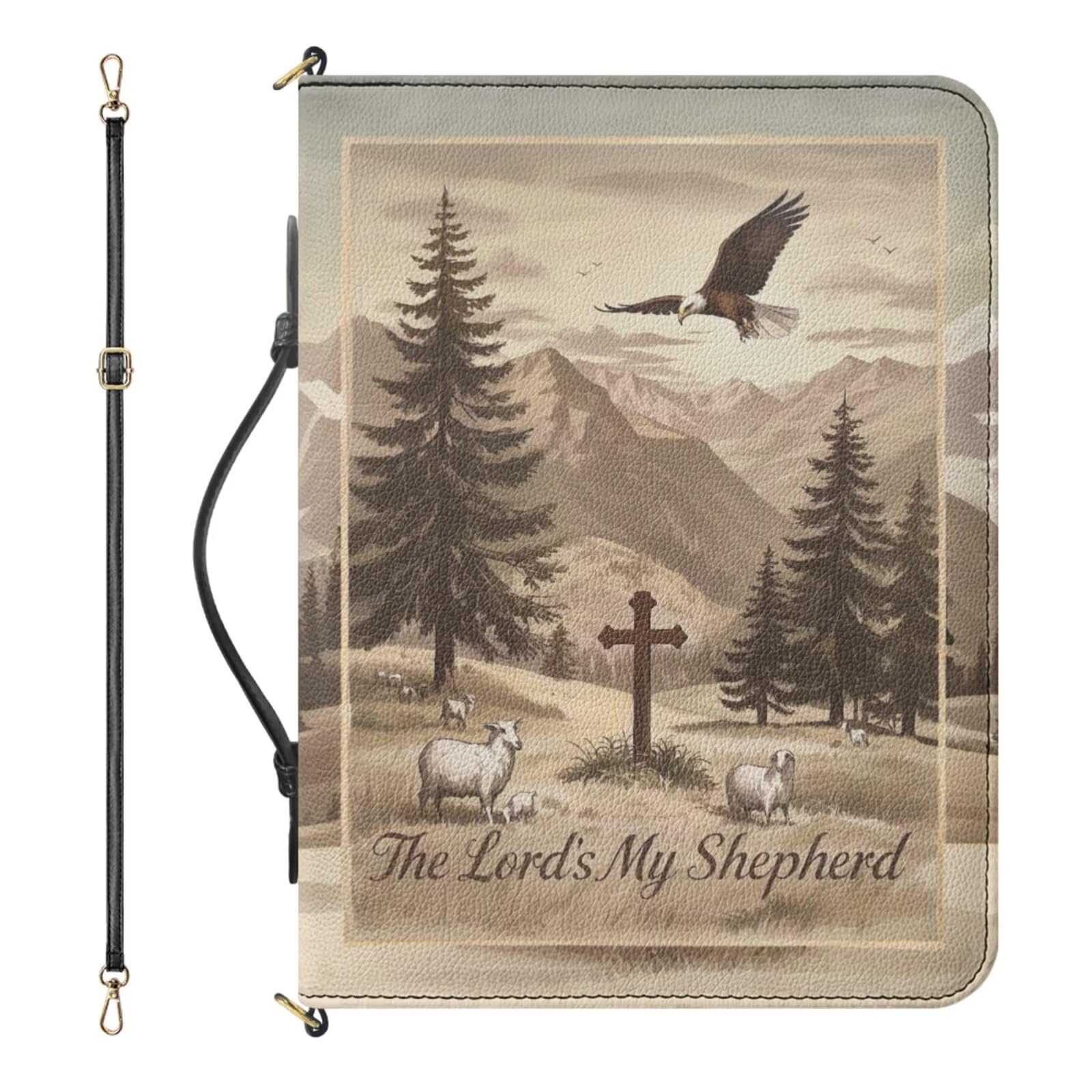 Drnuikhe Extra Large Bible Cover for Men, PU Leather Bible Case with Strap and Handle, Crucifix Psalm 23:1 Print Bible Organizer with Inner Pockets and Pen Loop, Church Bags for Men