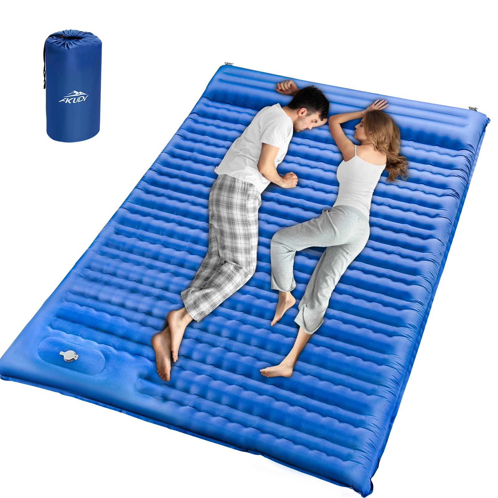 Self-Inflating Double Sleeping Pad - Camping Mattress for 2 Person, 4.7 Inch Extra-Thick Inflatable Camping Pad with Built-in Foot Pump, Ultralight Sleeping Mat for Backpacking Blue