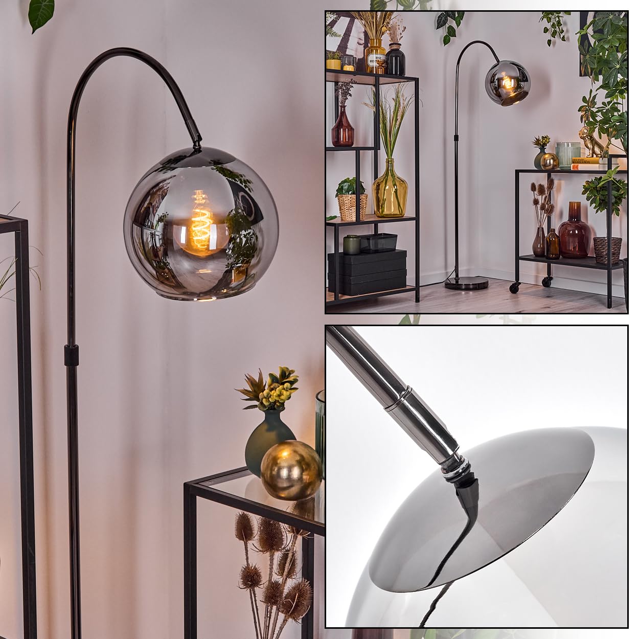 HOFSTEIN Lampadaire Koyoto, lampadaire en métal/verre noir/chrome/fumé, lampe réglable au design rétro/vintage (Ø 25 cm), interrupteur au pied, 140 cm, E27, salon, chambre à coucher, couloir