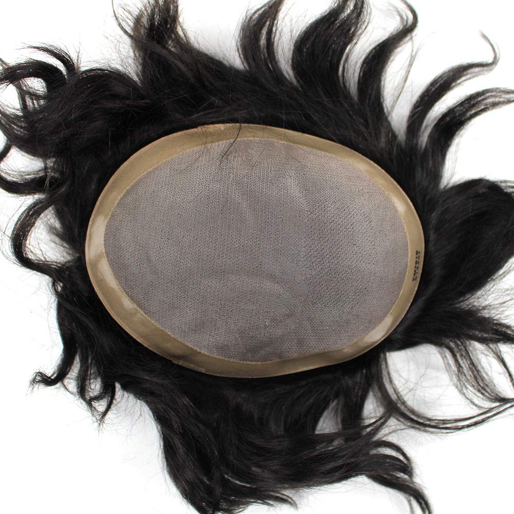 "Fine Mono Base" Custom Customized Men Human Hair System Replacement Toupee Hairpiece Installation Wig Prosthesis for Hair Loss Alopecia(7x9inch #1B Natural Black Color)